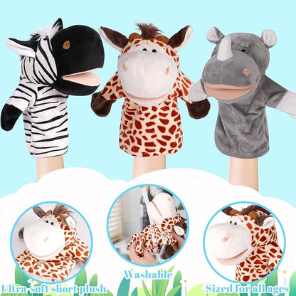 6Pcs Hand Puppets for Toddlers - Stuffed Animal Puppets for Kids, Including Lion, Zebra, Gorilla, Giraffe, Rhino and Donkey for Puppet Show Theater, Stocking Stuffers for Kids