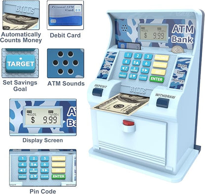 ATM Piggy Bank for Kids，ATM Bank Cash Coin Saving for Real Money with Debit Card，Coin Recognition, Balance Calculator, Electronic Savings Safe Box，Gift for Ages 6-13 Piggy Bank