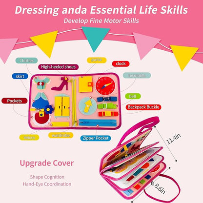 Montessori Busy Board for Toddlers Sensory Activity Board with Zipper, Buckle, Laces - Educational Travel Toy, Learning Fine Motor Skills, Montessori Toys