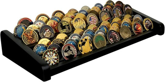 8 Rows Wooden Challenge Coin Display Holder for Countertop - 2 Tiers Military Coin Rack Stand Holds 60-70 Coins for Army Police Collectors, Black