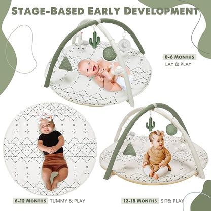 Little Dove Tummy Time Mat with 6 Toys, Macrame Baby Play Mat for Newborn, Baby Gym with 12 Milestone Cards, Stage-Based Sensory and Motor Skill Development Baby Play Gym, Non Slip Mat Washable, Green