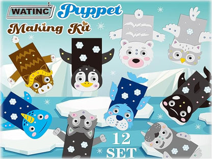 WATINC 12 Pcs Hand Puppet Making Kit, Art Craft Felt Sock Puppet Toys, Creative DIY Make Your Own Pompoms Wiggle Googly Eyes Storytelling Role Play Party Supplies Gift for Girls Boys (Polar Animals)