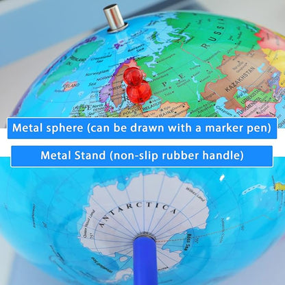 9" World Globe for kids Learning, Classroom Desk, Geographic Globe with iron Stand & colorful Magnetic Push Pins & magnifier & handkerchief, 360° Horizontal Rotation Educational World Globe, Blue