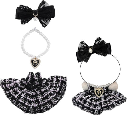 17cm Doll Clothes Set & Dolls Outfit 3-Piece Handmade Doll Clothing Set with Dress Necklace and Bow Accessories for 17cm Plush Dolls, Clothes Only, No Doll Included (Black)