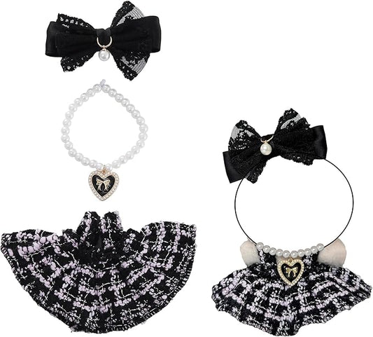 17cm Doll Clothes Set & Dolls Outfit 3-Piece Handmade Doll Clothing Set with Dress Necklace and Bow Accessories for 17cm Plush Dolls, Clothes Only, No Doll Included (Black)