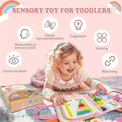 Toddler Busy Board Montessori Toys for Girl Birthday Gift,Educational Learning Sensory Busy Book, Airplane Car Travel Activities Toy for Girl(Pink)