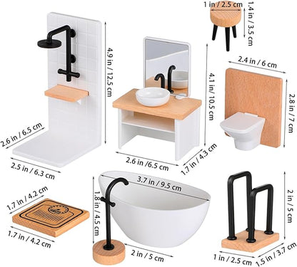 NUOBESTY Dollhouse Bathroom Set, 1 12 Scale Dollhouse Furniture 8pcs Miniature Doll House Bathroom Accessories with Mini Bathtub, Toilet, Shower Room for Doll House Decor Accessories