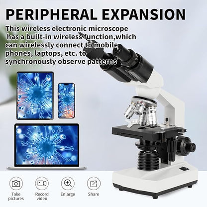 Binocular Compound Microscope, 40X-5000X Magnification, Wide-Angle Eyepiece WF10X WF25X, LED Light Source, XY axis Double-Layer Stage, Adult Microscope (Supports WiFi Wireless Connection)
