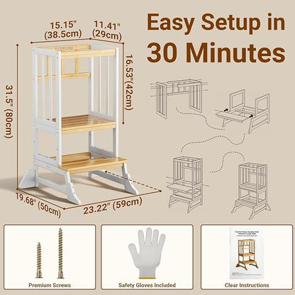 COSYLAND Kitchen Tower for Toddlers with Anti-Tip Support – Lightweight Toddler Kitchen Stool Helper for Bathroom Living Room Dining Room – Solid Bamboo Standing Tower (Natural & White)