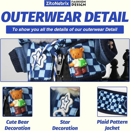 Cloth for Doll, 5-Piece Blue Streetwear Outfit for 17cm &15cm(NO Doll) – Trendy Blue Coordinated Set + Headband + Scarf + Jacket & Pants + Canvas Shoes-Handmade