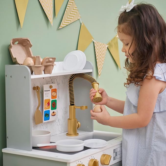Teamson Kids Little Chef Memphis Wooden Play Kitchen for Toddlers with 16 Accessories, Realistic Pretend Cooking Set with Microwave Oven Sink Faucet Storage for Kids Ages 3+ Gray Gold Marble