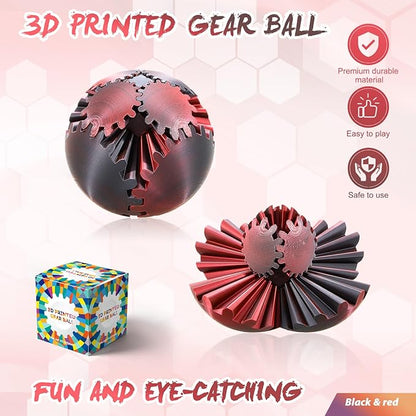 Gear Ball-3D Printed Gear Sphere,3D Printed Spin Ball Cube Fidget Toy,The Steampunk Whirling Wonder Fidget Ball Toy (Black Red)