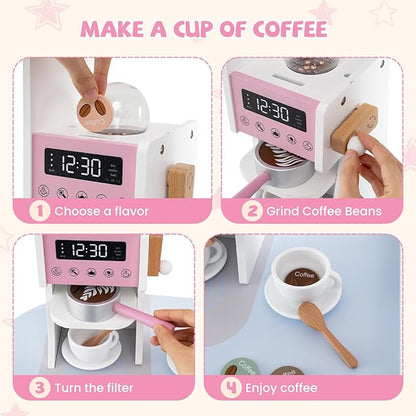 HONEY JOY Corner Play Kitchen, Toddler Wooden Toy Kitchen Set w/Lights, Coffee Maker, Microwave, Sink, Faucet, Little Chef Pretend Play Kids Kitchen Playset for Boys Girls (Pink)