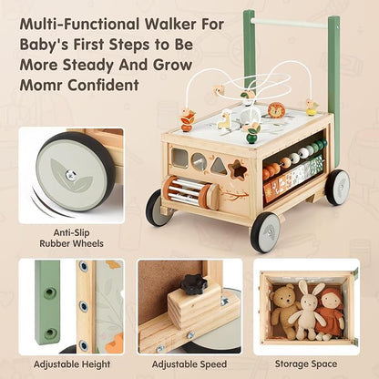 Joyreal Wooden Baby Walker - 9-in-1 Baby Push Walker with Activity Cube, Push Activity Walker for Boys and Girls, Sit-to-Stand Learning Walker Activity Center, Speed & Height Adjustable