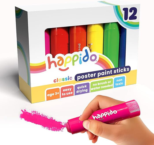 Happido Set of 12 Twistable Tempera Paint Sticks For Kids, Quick Drying, No Mess Art Supplies for Toddlers and Kids Ages 4-6 - CLASSIC COLORS