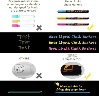 Magnetic Chalkboard Monthly Calendar - Reward Chore Chart Blackboard Combo Set with Neon Bright Liquid Chalk Markers - Bonus Grocery List and Notepad Blackboard for Refrigerator Included