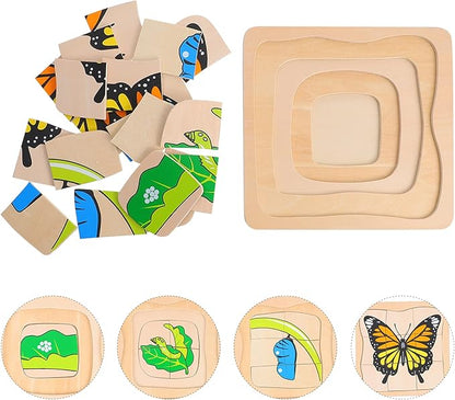 jojofuny Wooden Multi Layered Puzzles, Life Cycle of Butterfly, Cartoon Montessori Toy DIY Puzzle Early Educational Toy for Children Kids