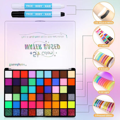 54 Color Face Painting Kit for Kids, Non-Toxic Face Paint Makeup Kit| with Stencil, Guide Book, Easy to Use and Washable Facepaint Makeup Kit for Halloween, Cosplay, School Event