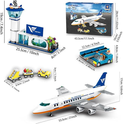 Large City Passenger Airplane Building Toys with LED Light, 21 Inches Plane Building Sets with 2PCS Luggage Trucks, Terminal, Radar Tower, Birthday Gifts for Kids Boys Girls Age 6-12 (901pcs)