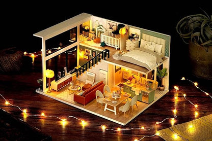 CUTEROOM DIY Miniature Dollhouse Kit with Furniture,Wooden Doll House with Music Movement & LED Lights, DIY House Kit Christmas Birthday Gifts - Comfortable Life