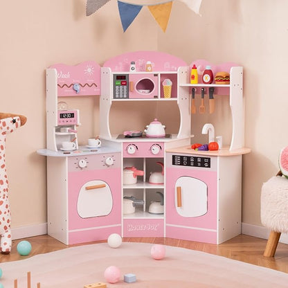 HONEY JOY Corner Play Kitchen, Toddler Wooden Toy Kitchen Set w/Lights, Coffee Maker, Microwave, Sink, Faucet, Little Chef Pretend Play Kids Kitchen Playset for Boys Girls (Pink)