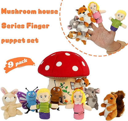 9 Pcs Finger Puppets Set Mini Toys, Soft Plush Insect Animal Finger Puppet for Kids Mini Stuffed Animals with Mushroom House,Finger Puppets for Toddlers Storytelling Role-Playing Christmas School