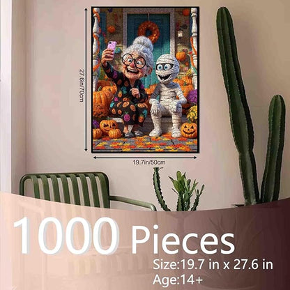 Halloween Funny Grandma Taking Selfie with Mummy 1000 Piece Jigsaw Puzzle for Adults Students 20×27 Inches Cute Autumn Jigsaw with Pumpkins Leaves and Festive Decor Gift for Family Fall