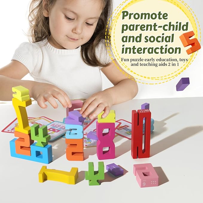 20 Pcs Stacking Wooden Math Numbers Blocks for 3+ Years Old Kids, 1-10 Montessori Toys, Game, Balance Competition, Toddler Learning Toys, Preschool Learning Activities, Wooden Blocks, 3-8 Years