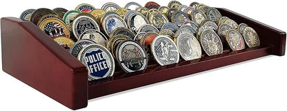 8 Rows Military Challenge Coin Display Stand - Holds 60-70 Coins, Solid Wood Army Police Coin Rack Display Holder for Desktop, Mahogany