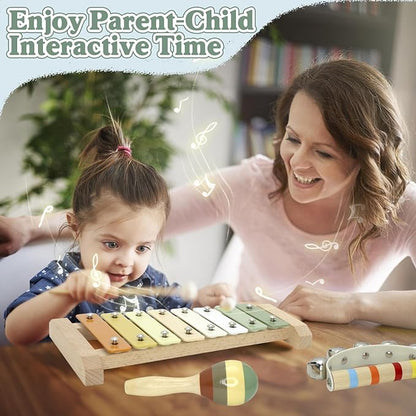 Baby Musical Instruments Montessori Wooden Toys for Toddlers, Neutral Colors Percussion Instruments Set, Modern Boho Xylophone Tambourin