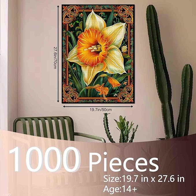 Yellow Daffodil Flower Jigsaw Puzzle 1000 Pieces Puzzles for Adults,Russian Palekh Style Jigsaw Puzzles for Challenging Family Activity Games Colorful DIY Puzzle for Home Gifts - 20 x 27 Inches