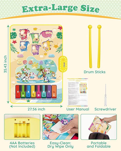 3-in-1 Musical Mat Toys for Toddlers, Led Light Up Mole Bashing & Piano Keyboard & Animal Sounds with 2 Drum Sticks,Early Educational Musical Learning Toys, Birthday Gifts for 3+ Boys & Girls