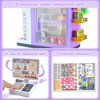 Pretend Play Cash Register Toy Set with Scanner, Play Money, Calculator, Coffee Machine and Play Food for Kids Ages 3+ (Purple)