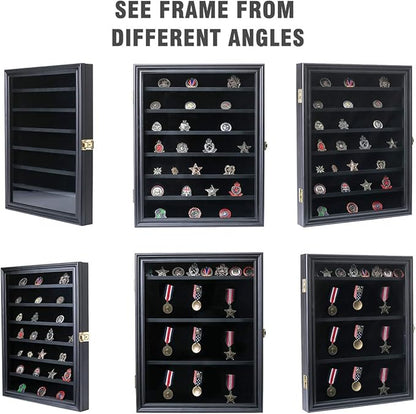 Military Challenge Coin Display Case Lockable Wood Cabinet Rack Holder Black Shadow Box with Removable 2 Grooves Shelves and Anti Fade Real Glass Door for Casino Poker Chips Collectibles