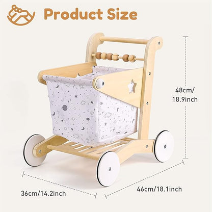 Woodtoe Wooden Baby Walker Doll Stroller | Adjustable Speed Shopping Cart for Toddlers 1-3 | Baby Push Walker - Pretend Play Grocery Cart | Natural Wood Stroller Push Toys for Babies Learning to Walk