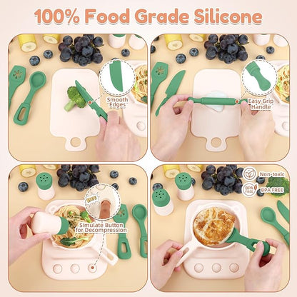 TYRY.HU Play Kitchen Accessories, 11Pcs BPA Free Silicone Pretend Play Food Sets,Play Kitchen Set,Play Kitchen Cooking Utensils Pots & Pans,Pretend Role Play Cooking Toys Gifts for Toddlers 1-3,Green