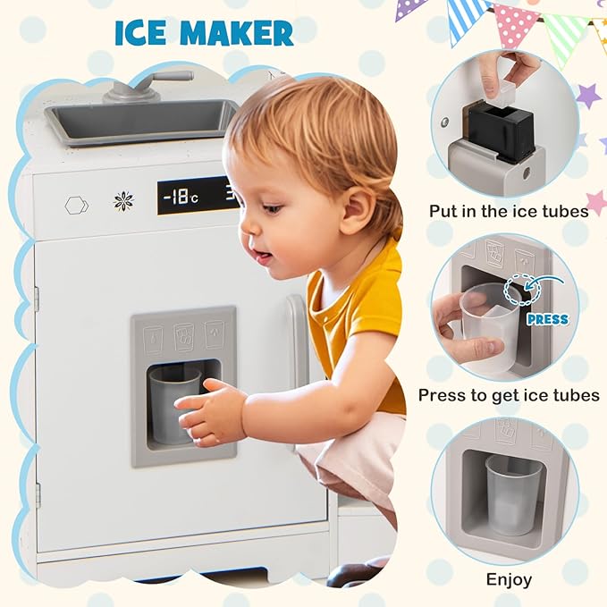 Costzon Corner Kids Kitchen Playset, Wooden Toy Kitchen Set with Range Hood, Ice Maker, Pretend Telephone, Sink, Faucet, Microwave, Oven, Play Kitchen with Lights and Sounds for Toddlers (White)