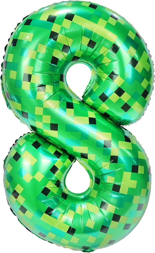 40in Pixel Giant Number 8 Balloon Birthday Decorations, Miner Theme Green Foil Balloons Blast Gaming Party Supplies