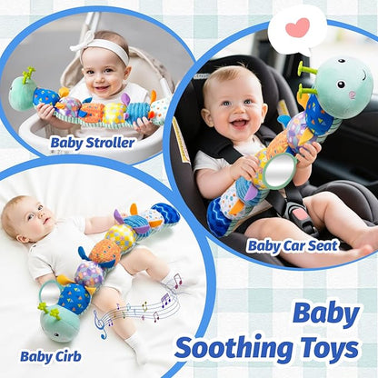 Baby Toys 0-6 Month, Musical Caterpillar Baby Rattle, Plush Sensory Toy with Mirror, Crinkle Textures, Newborn Developmental Tummy Time Stuffed Animal for Infants Boys Girls 6-12 Months (Blue)