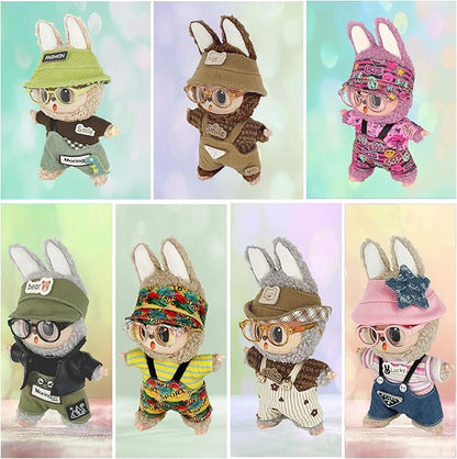 17cm Clothes Set (NO Doll) 4PC Set Hat Glasses Overalls for 17cm Accessories Suit, Doll Clothing for Trendy Blind Box，Cute Clothes for LBB Doll Dress up Unique Style,Free Combination (Pink)