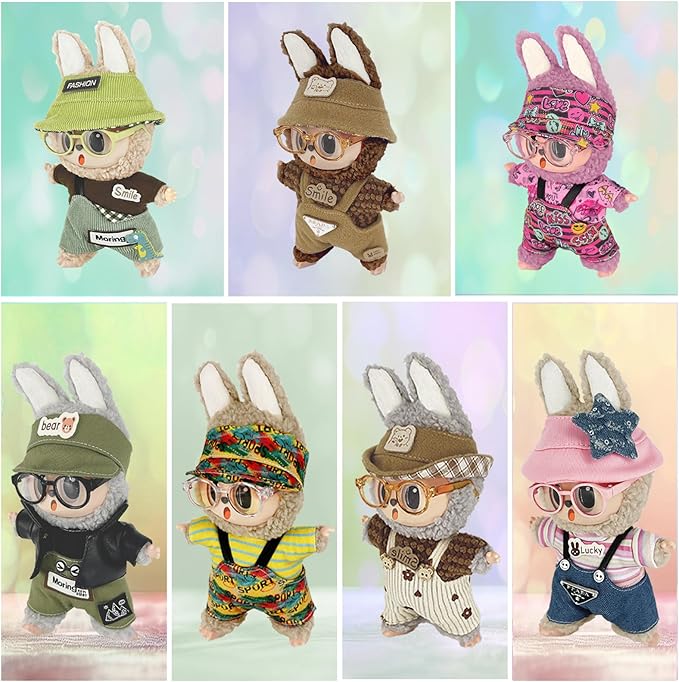 17cm Clothes Set (NO Doll) 4PC Set Hat Glasses Overalls for 17cm Accessories Suit, Doll Clothing for Trendy Blind Box，Cute Clothes for LBB Doll Dress up Unique Style,Free Combination (Green)