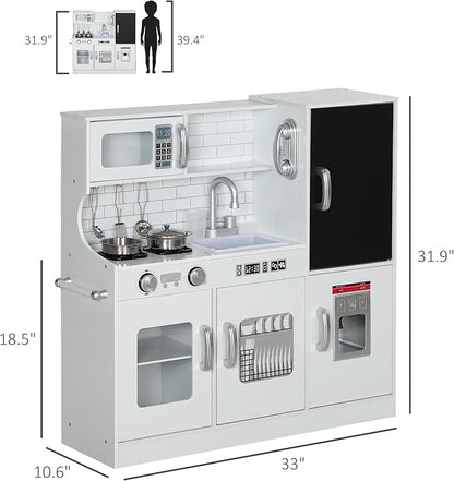 Qaba Kids Kitchen Playset - Pretend Play Toy Kitchen with Phone, Chalkboard, Towel Rack, Ice Maker, 5 Accessories, Storage Space, Microwave & Sink - Gift for 3-8 Years, White