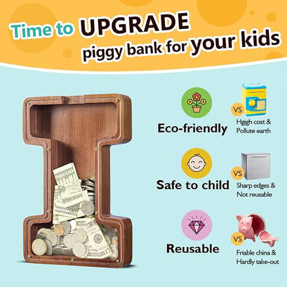 Summidate Customized Name Large Wooden Piggy Bank for Kids Boys Girls Alphabets Letter A-Z Coins Bills Money Change Bank Box Initial on Clear Cover (Laser Engraved) (Alphabet-I, Personalized-12)