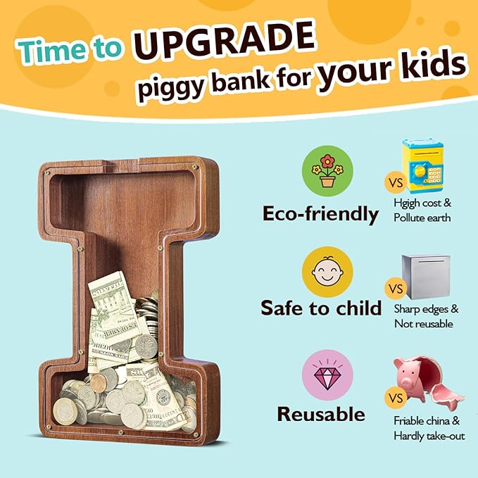 Summidate Large Wooden Piggy Bank for Kids Adults, Alphabets Letter A-Z Piggy Bank for Boys Girls, Coins Bills Change Bank Box Personalized Initial Name Kids Money Bank for Birthday Present and Decor