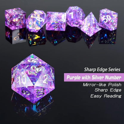 DNDND Sharp Edge Dice Set,Handmade 7 Piece DND Dice with Gift Case for DND Dungeons and Dragon Game (Purple with Silver Number)