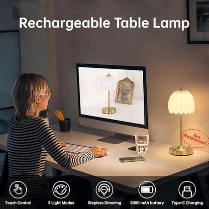 Cordless Small Table Lamp with 5000mAh Battery & Touch Control - 3 Adjustable Color Temperatures, Dimmable Rechargeable Table Lamps for Living Room, Bedroom, Desk, Nightstand (White Tulip)