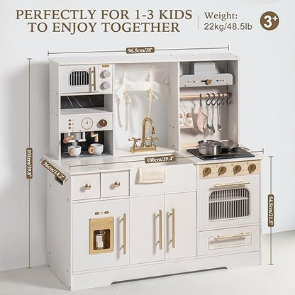 ROBOTIME Pretend Play Kitchen for Kids, Wooden Toy Kitchen with Ice Maker, Coffee Machine, Oven & Accessories – Fun Kitchen Set for Girls & Boys Age 3+