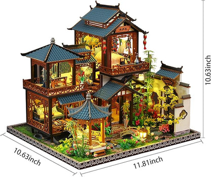DIY Miniature House Kit: Villa Tiny House Kit with LED Light - DIY Wooden Dollhouse Miniature Kit for Adults Teen, Wooden Crafts Vintage Courtyard Doll House Kit, Great Handmade Crafts Gift
