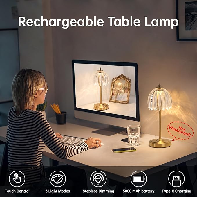 Cordless Small Table Lamp with 5000mAh Battery & Touch Control - 3 Adjustable Color Temperatures, Dimmable Rechargeable Table Lamps for Living Room, Bedroom, Desk, Bedside (Transparent Tulip)