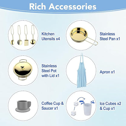 Play Kitchen for Kids, Wooden Children Kitchen Playset w/Coffee Maker, Oven, Stove, Sink, Apron, Ice Maker, Cookware, Kids Toy Kitchen Set for Toddler Girls Boys Pretend Play Toy Gift Ages 3+